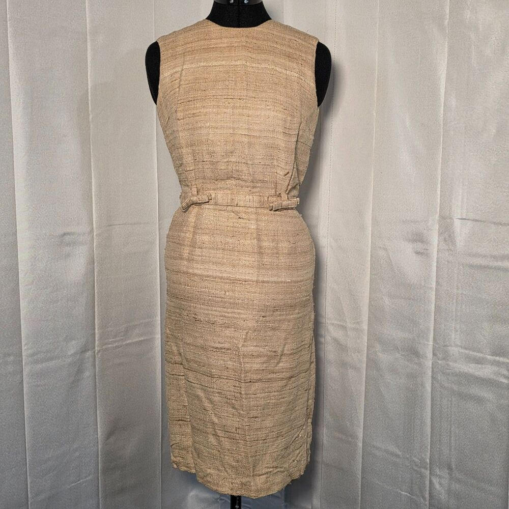 Vintage 1960s Marnie California Beige Sheath Dress Womens XS Belted Woven Tweed